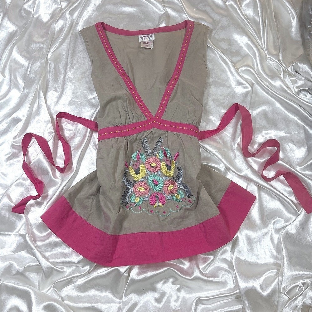 y2k Funky People Top Khaki Pink Excellent Floral Embroidered Beaded Boho Tank